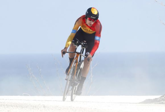 Mikel Landa in action during a time trial.